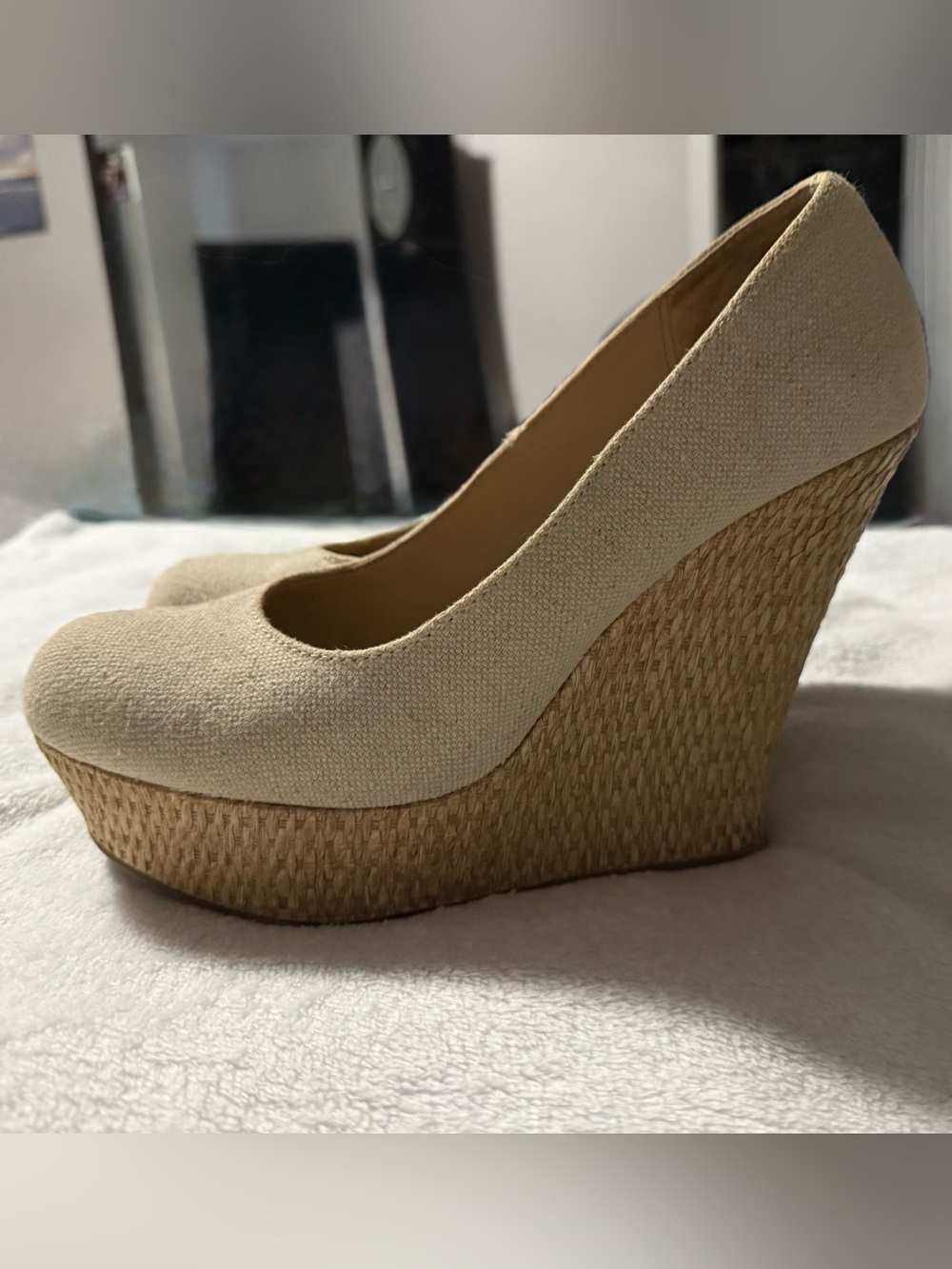 Neutral Canvas Wedge Pumps - Women's Beige size 9